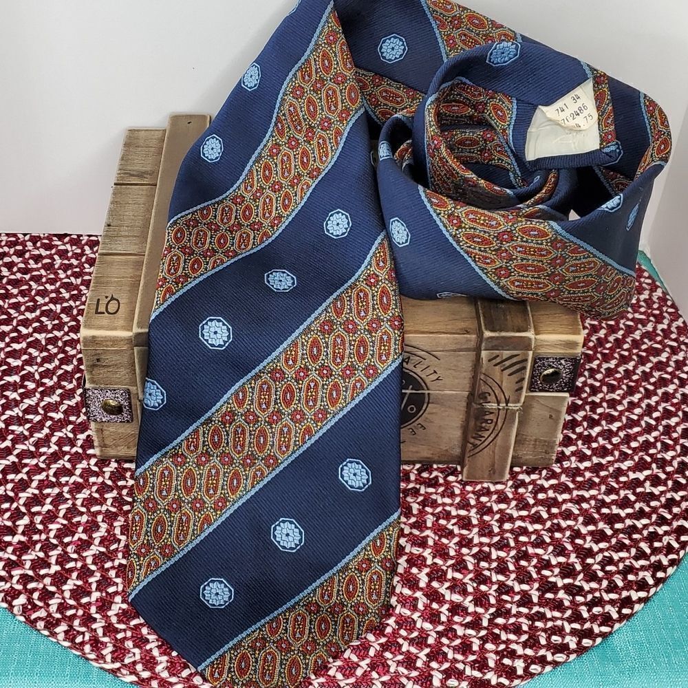 Vintage Navy & Floral Stripes Wide Statement Tie, Don Loper NEW with Price Tag!